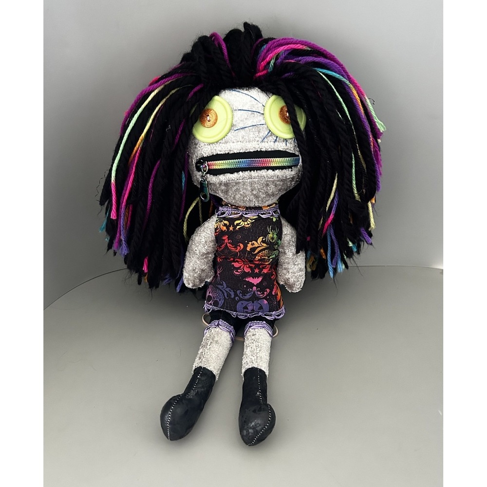 Zombie Doll W/ Zipper Mouth Button Eyes Muticolor Yarn Hair Cloth Goth Baby 16"